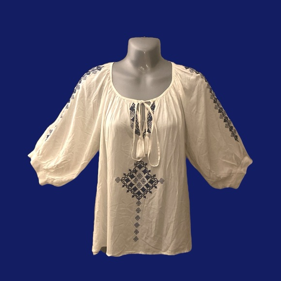 Chelsea & Theodore Tops - New Boho white and blue embroidered peasant top
